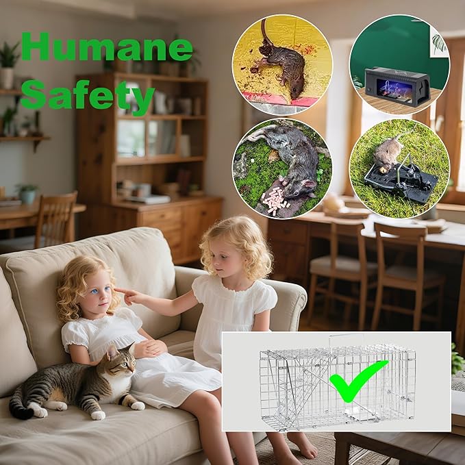 Live Squirrel Trap Foldable Heavy Duty Humane Animal Cage Trap Large Rat Trap Cage Catch and Release Chipmunk Rodent Trap that Work for Indoor and Outdoor - 17” L x 7.9” W x 7.5” H