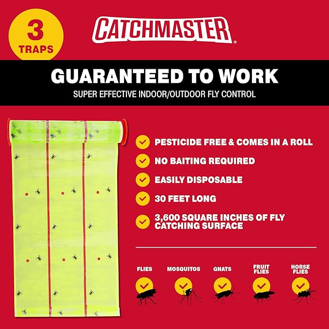 Catchmaster Giant Fly Glue Trap 3-Pack 30 Feet Each Adhesive Fly Traps Outdoor Sticky Bug Catcher Bulk Flying Insect Paper Roll Pest Control for Garage Barn Greenhouse &amp Garbage Room