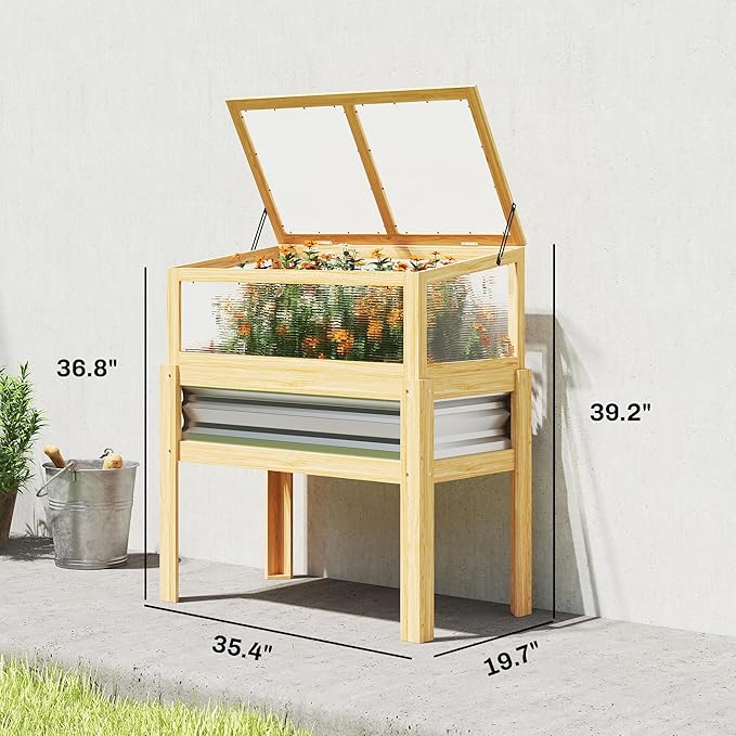 Outsunny Wooden Raised Garden Bed with Detachable Greenhouse Top Raised Garden Bed with Legs and Bed Liner Elevated Planter Box for Flowers Vegetables Herbs Natural