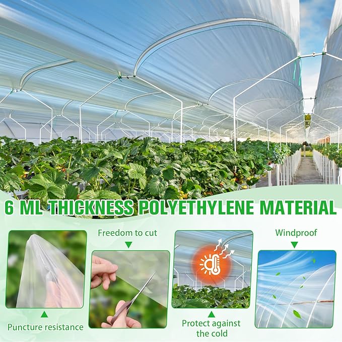 Greenhouse Plastic Film 6 Mil Thickness Greenhouse Plastic Sheeting Clear Polyethylene Film UV Resistant for Gardening Farming Agriculture (10 x 32 FT)