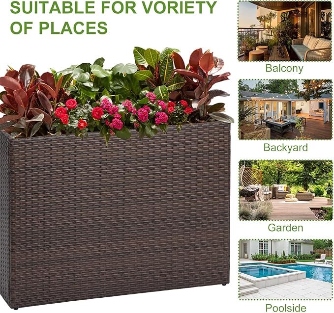LEWIS&ampWAYNE Large Rectangular Block Planter Box Handmade Wicker Tall Planters for Outdoor Plants with Removable Liners Modern Planter for Indoor Outdoor Patio Deck - Brown 38''x11''x30''