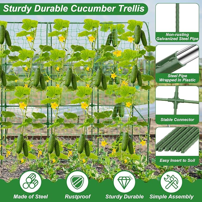 67 x 50 Cucumber Trellis for Raised Bed U-Shape Metal Large Garden Trellis for Climbing Plants Outdoors with Netting Garden Tools Cucumber Arch Trellis for Vegetable Fruit Flower Plant Support