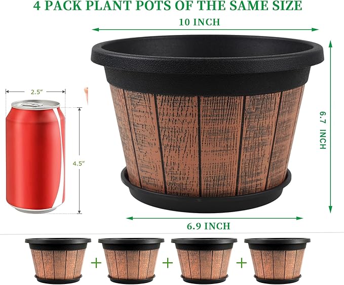 Quarut 4 Pack 10 inch Plant PotsUpgrade Whiskey Barrel Planters with Drainage Holes &amp SaucerPlastic Decoration Flower Pots Retro DesignPlanters for Outdoor Indoor Garden Home Plants (Brown)
