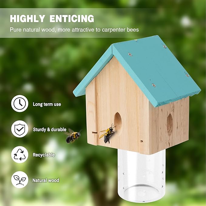 Carpenter Bee Trap for Outside - Best Bee Trap - Blue Cabin Style Nature Hanging Wood Carpenter Bee Traps Outdoor - Insect Traps with Removable Vault (4 Pack)