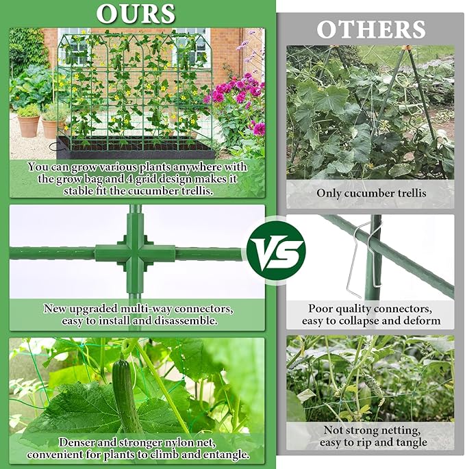 66x65x18 Inch Cucumber Trellis for Raised Bed - with 61 Gallon Grow Bags Garden Trellis for Climbing Plants Outdoor with Climbing Net and Plant Support for Cucumber Tomato Vegetable Grape Vine