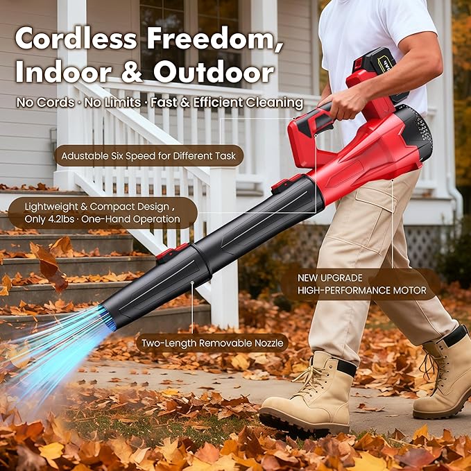 Leaf Blower Cordless - 21V Powerful Electric Leaf Blower with 2×4.0Ah Batteries and Charger 6 Speed Modes Lightweight Battery Powered Leaf Blowers for Yard Cleaning Lawn Care Blowing LeavesPatio