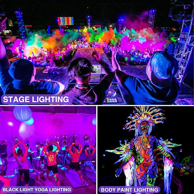 SUNVIE 4 Pack Black Light Spotlights 12W LED Outdoor Black Lights 120V Purple Lights for Glow Party Fluorescent Decorations