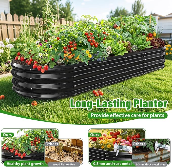 Oval Raised Garden Bed 6 x 2 x 1FT Galvanized Steel Planter Box with Wave-Shaped Metal Panels Painted for Outdoor FlowerTreeHerb &amp Vegetable Garden (Black 72X24X12 inches)
