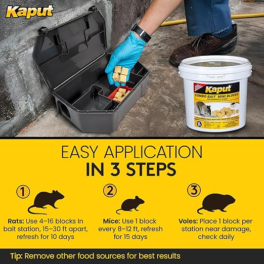 Kaput Combo Bait Mini Blocks Rodent Bait for Mice &amp Rats Warfarin Vole Killer for Indoor/Perimeter Use Kills Rodents with Consistent Feeding - Ideal for Homes Farms &amp Transport Areas (18 l