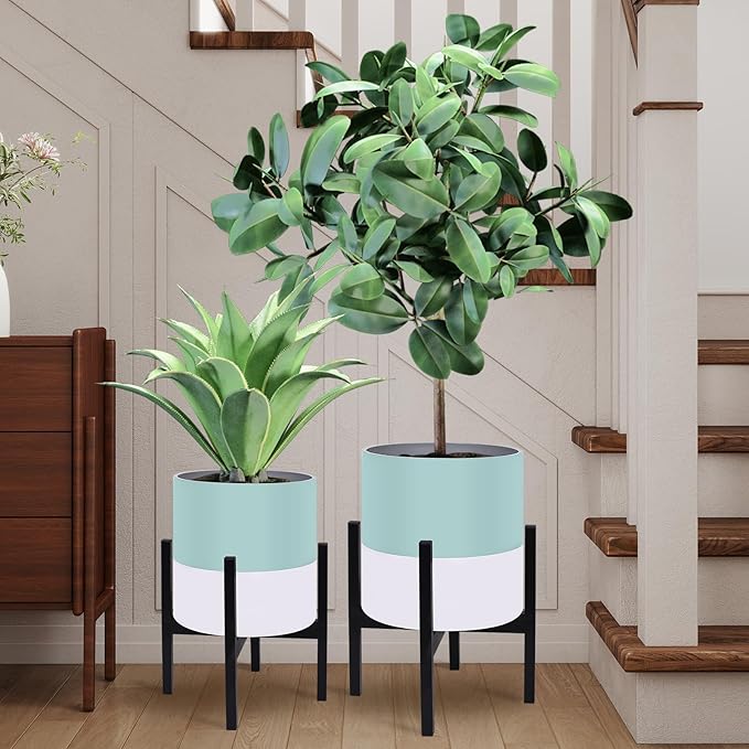 10 &amp 12 Inches Plant Pots with Stand-Large Indoor Planters with with Drainage HolesModern Planting Pots with White and Green Color Matching for Living Room Office Garden Or Balcony