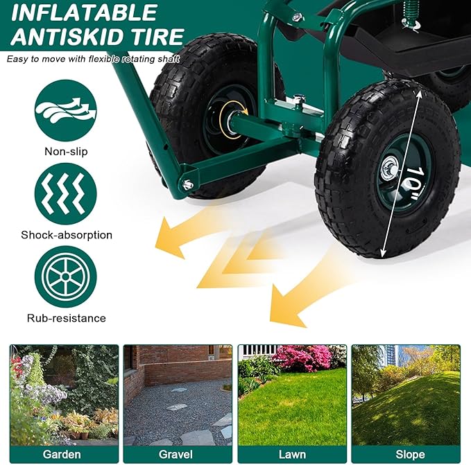 Rolling Garden Work Seat with Wheels Gardening Stool for Planting 360 Degree Swivel Seat Garden Scooter with Steering Handle &amp Tool Tray. (Garden Seat with Backrest)