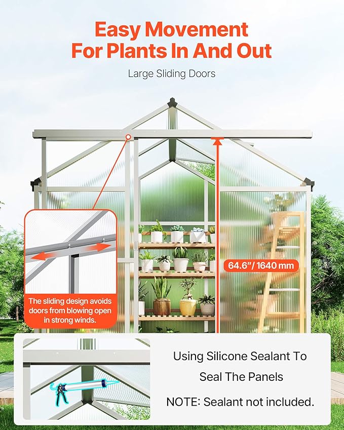 VEVOR Polycarbonate Greenhouse 6 x 4 Ft Outdoor Greenhouse with Adjustable Vent Windows Pavilion Styled Green House with Sliding Door Aluminum Large Walk-in Greenhouses Kit for Garden Backyard