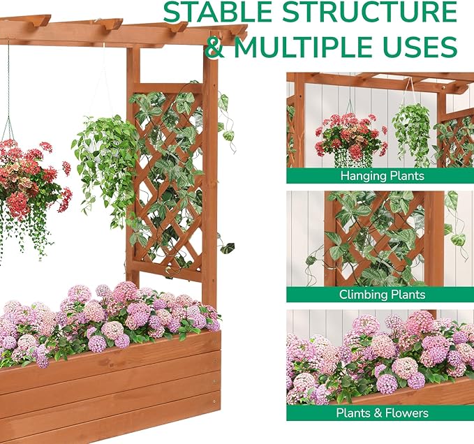 Vasitelan Raised Garden Bed with Trellis Wooden Elevated Planter Box w/Drainage Holes &amp Removable Bottom Panels for Climbing Vine Flower Indoor Outdoor Wood Planter for Yard Patio