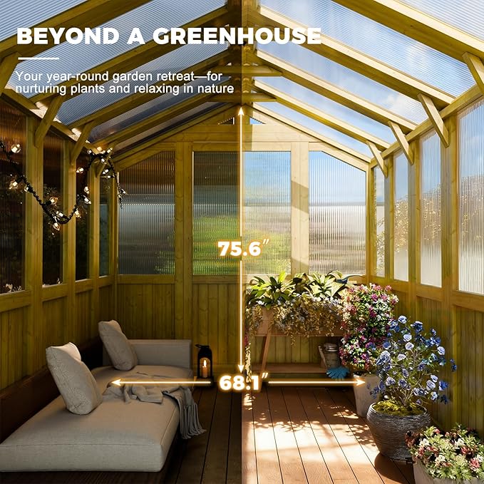 6x8 FT Wood Greenhouses for Outdoors Heavy Duty Outdoor Greenhouse Kit with Adjustable Roof Vent and Reinforced Panels Walk in Polycarbonate Greenhouse for Outside Backyard Garden Yard Natural