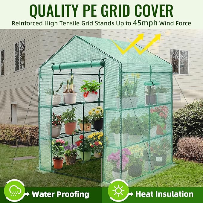 Greengro Greenhouse 57 x 57 x 76'' Greenhouses for Outdoors Durable Green House Kit with Window Thicken PE Cover 3 Tiers 8 Shelves Heavy Duty Walk in Green Houses for Indoor Backyard Outside