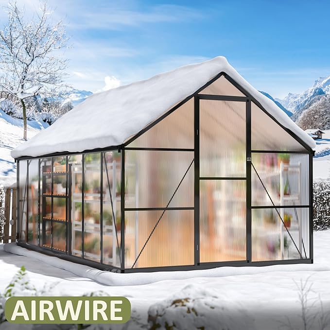 8x14 FT Green House for Outdoors Quick Setup Polycarbonate Greenhouse with Roof Vent Aluminum Large Walk-in Greenhouse for Outside Garden Backyard Black