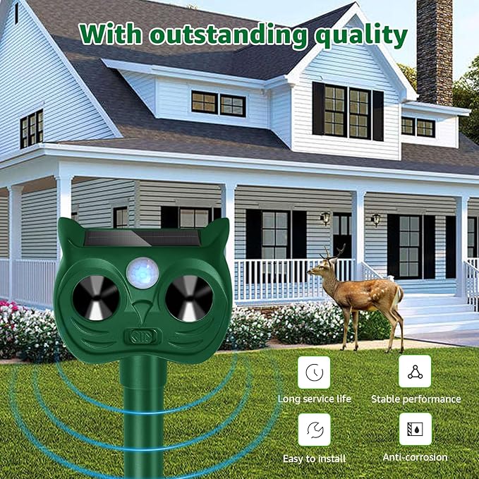 Solar Ultrasonic Animal Repellent Outdoor Motion Sensor Deer Repellent Devices Squirrel Cat Raccoon Deterrent with Strobe Light Dual Mode Keep Skunk Away Protection for Yard Garden Lawn 1Pack