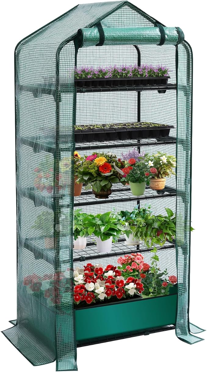 Mini Greenhouse for Indoor Outdoor 5 Tier Shelves Rack Small Green House Heavy Duty with Waterproof Mat Portable Plants Seedling Supplies Durable PE Plastic Cover with Tape Gardening Gifts