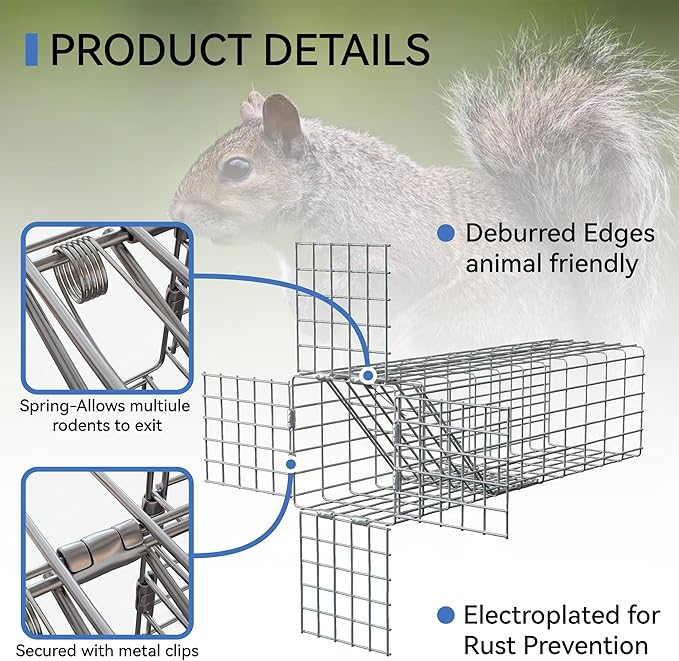 One Way Door for Squirrels Excluder Humane Squirrel Traps OutdoorM Reusable Squirrel and Rodent Trap with Copper Mesh for Chipmunks Mice Rats Includes DIY Installation Kit