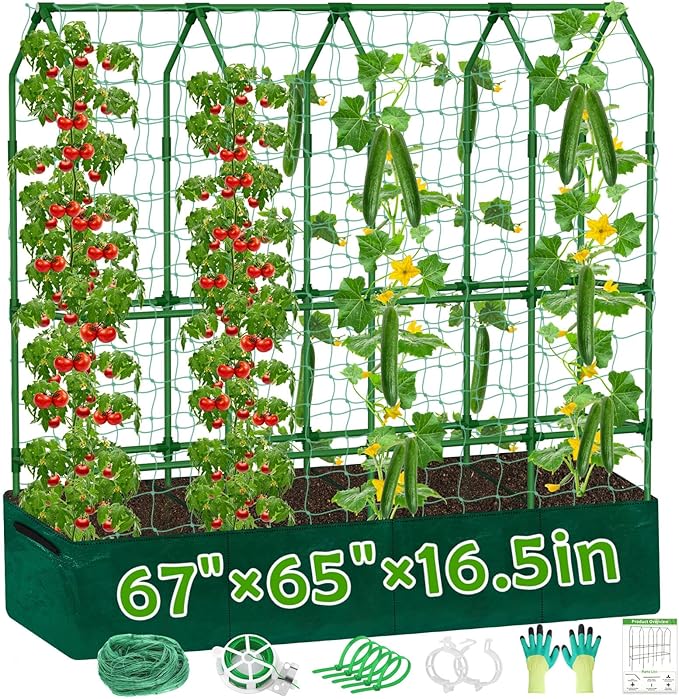 Large Cucumber Trellis for Climbing Plants with Grow Bag 67×65×16.5 Metal Garden Trellis for Raised Bed with Garden Netting and Plant Clip Plant Ties for Vegetables Squash Pea Grape Tomato