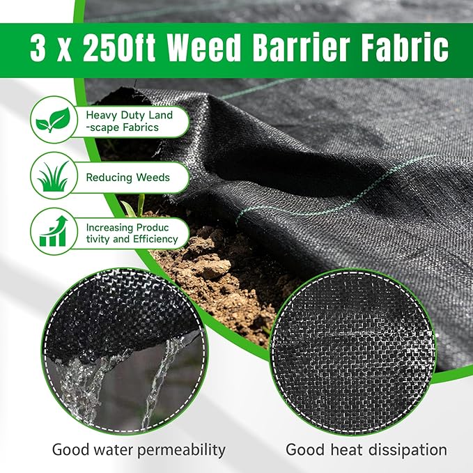 Weed Barrier Fabric Planting Cover - 3 x 250 FT Heavy Duty Landscape Fabric Ground Cover Block for Outdoor Planting