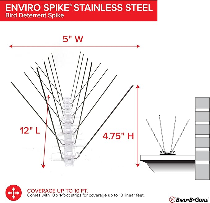 Bird B Gone - Pre-Assembled EnviroSpike Stainless Steel Anti Bird Spikes (10') - UV-Stabilized Polycarbonate Base - Humane Deterrent - Stops Pigeons &amp Birds from Roosting On Rooftops Ledges Fenc