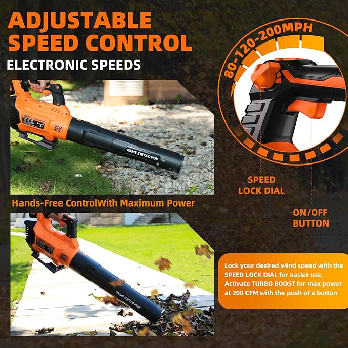 Decerk 21V Leaf Blower Cordless Electric Snow Blowers with 2X 4.0Ah Battery Lightweight Blower with Turbo Button Variable Speed Dial and Cruise Control for Sidewalks Garages Yards &amp Patios