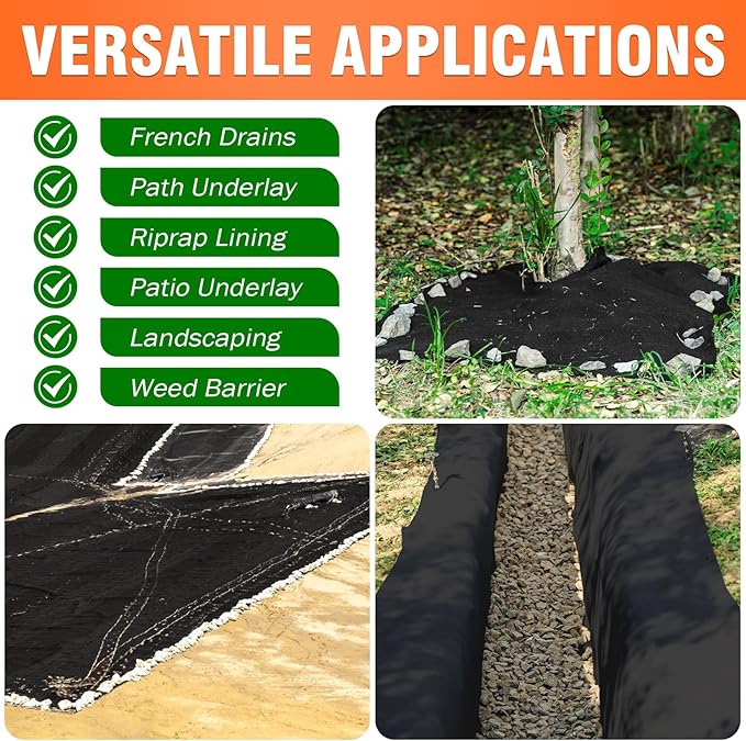 6oz 4FTx50FT Non Woven Geotextile Fabric for French Drains Landscaping Underlayment Weed Control Construction Erosion Control