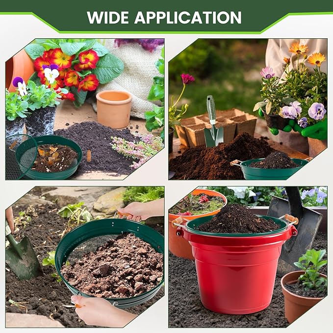 Large 14.57 Soil Sifter with 5 Interchangeable Stainless Steel Mesh Screens (1/3/6/9/12mm) + Stainless Steel Hand Trowel + Galvanized Garden Sieve for Compost Sand Gravel &amp Cat Litter (Green)
