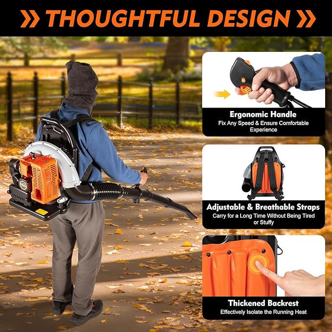 Backpack Leaf Blower with 1.8L Fuel Tank 63CC 2-Stroke Gas Leaf Blowers with Adjustable Speed Gas Powered Grass Lawn Blower for Leaf Sand Gravel Snow Yard