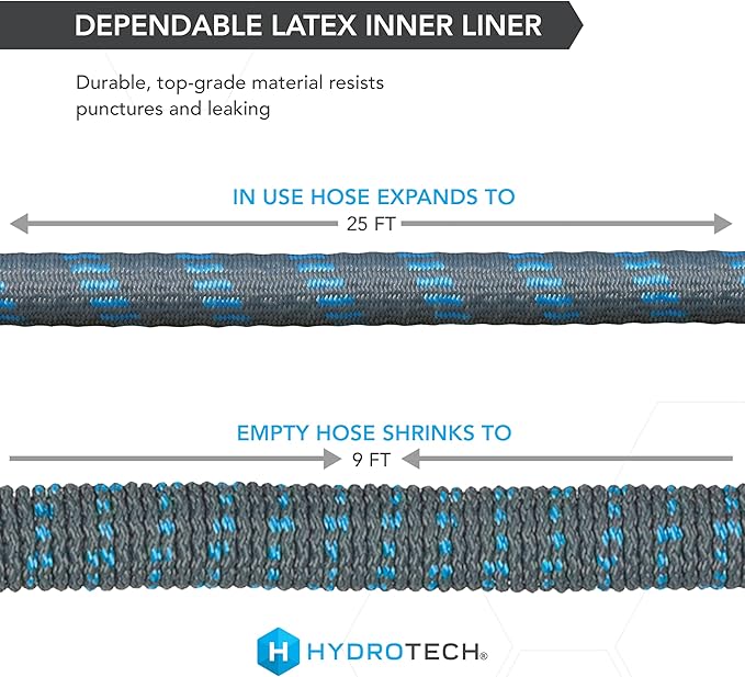 HydroTech 5/8 25 ft Expandable Garden Hose - Flexible Lightweight Durable and Burst-Proof Hose with Reinforced Latex Core and Solid Brass Fittings - Great for Lawn Care Garden and Car Washing