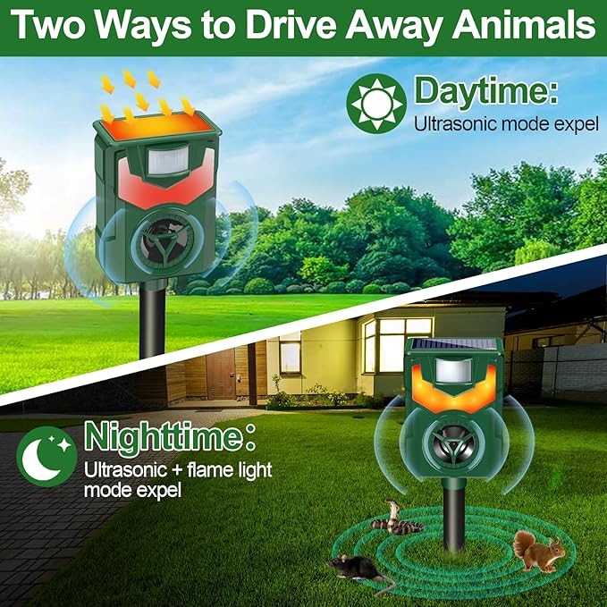 Ultrasonic Animal RepellersSolar Cat Repellent Outdoor with Flaming Eye AlarmWaterproof Raccoon Repellent with Motion Detection for Farm Yard Garden Repelling Dog Rabbit SkunkSquirrel