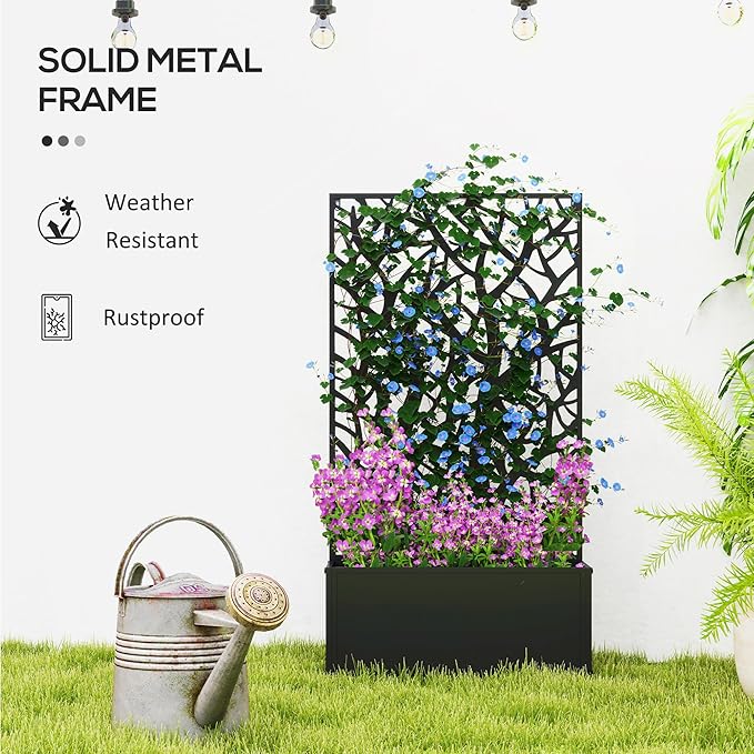 Outsunny Metal Raised Garden Bed with Trellis for Climbing Plants Freestanding or Wall Mounted Flower Bed with Privacy Panel Two Big Tree Cut-Outs Outdoor Planter Box for Garden Patio Balcony