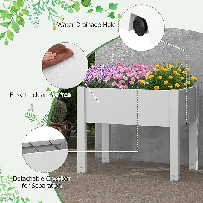 Raised Garden Bed Outdoor Elevated Planter Boxes with Legs &amp Water Level Indicator Garden Box Self-Watering Raised Beds for Gardening Balcony &amp Deck (Greyish-White)