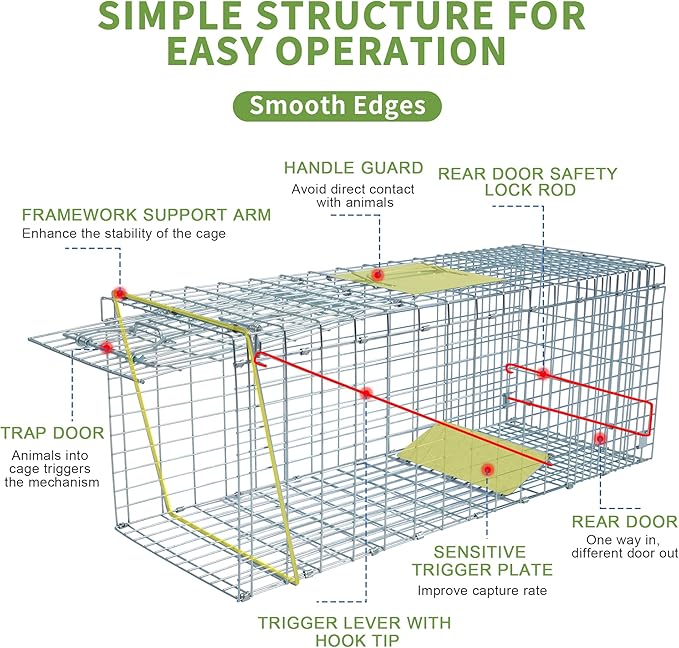 Live Animal Trap Cage with Cover Cat Trap for Stray Cats 32 Inch Heavy Duty Folding Skunk Traps with Real Door for Raccoons Opossums Groundhogs Skunks Feral Cats Squirrels-(32 x 10 x 12 inches)
