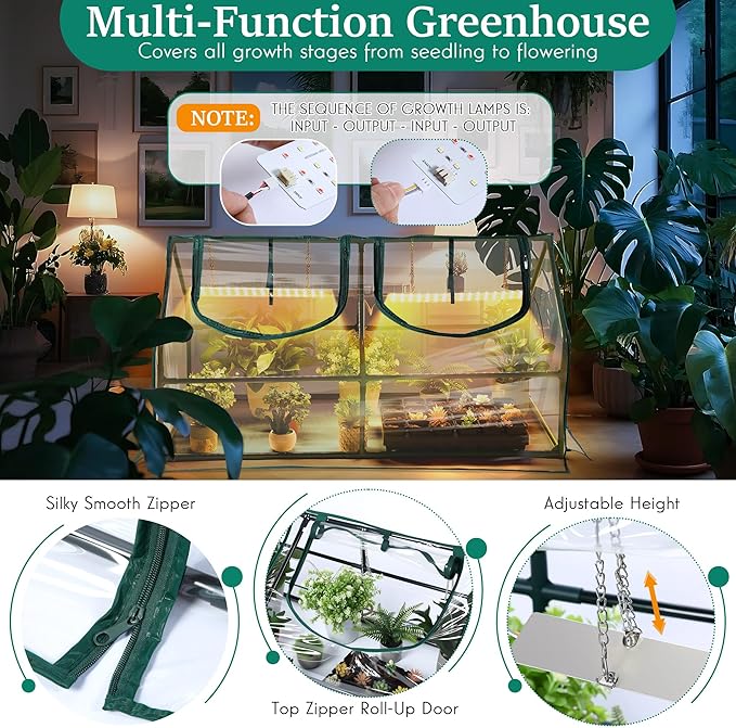 Meonum Mini Greenhouse with Grow Light 47.2 L x 23.6 L x 23.6 W Portable Greenhouses Waterproof UV-Resistant for Indoor/Outdoor Seed Starting (House Shape)