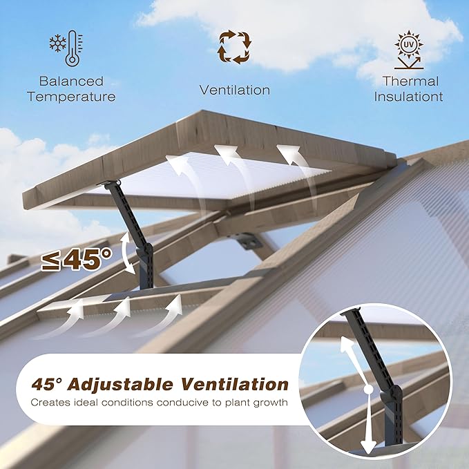 VEIKOU 6' x12' Greenhouses for Outdoors Wooden Greenhouse with Cedar Frame &amp Adjustable Vents  Wood Green House with 6MM Thick Polycarbonate Panel for Garden Backyard Light Brown Mocha