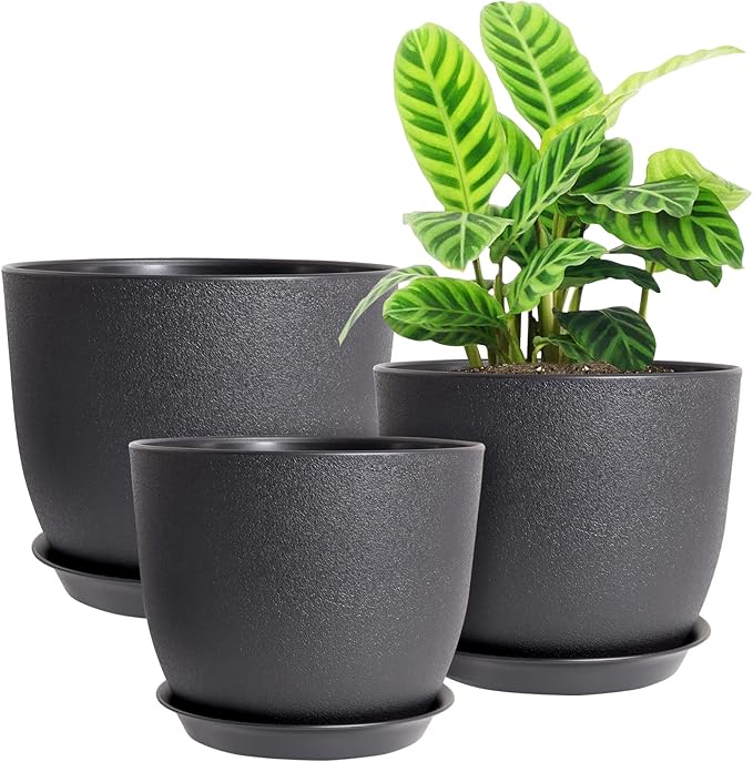 12/10/9 Large Modern Plant Pots Plastic Planters with Drainage Holes and Saucers for Indoor Outdoor Plants Flowers Black