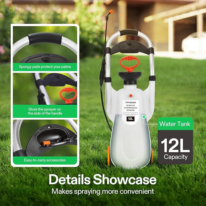 VIVOSUN 3.2 Gallon Lawn and Garden Wheeled Pump Compression Sprayer with Pressure Relief Valve Labor-Saving Wheel Design