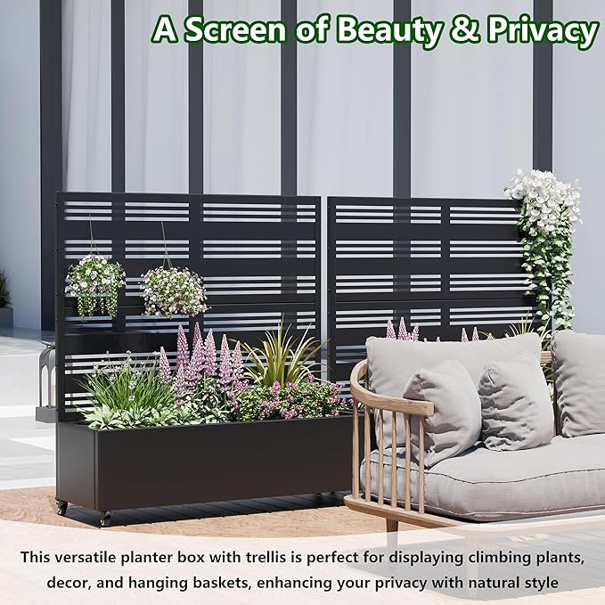 Casaphoria Raised Garden Bed Metal Planter Box with Trellis 47x47x16 for Outdoor Climbing Plants Flowers Vegetables and Vines Privacy Screen with Wheels and Drainage Holes(Black Louvered)