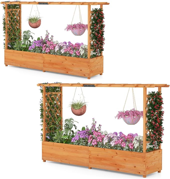 S AFSTAR 45-Inch Raised Garden Bed with Arch Trellis Hanging Roof Planter Box Drainage Holes Vertical Plant Container for Vine Climbing Plant Flower Flower Bed Wood Planter for Indoor &amp Outdo