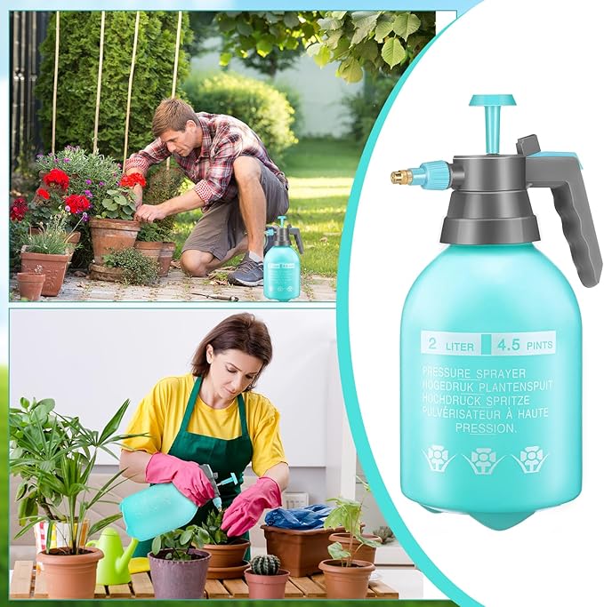 Nuogo 3 Pcs Handheld Pump Sprayer 2L Manual Garden Pressure Sprayer Pump Spray Bottle with Adjustable Brass Nozzle for Lawn Plants Weeds Spraying Watering(Blue)
