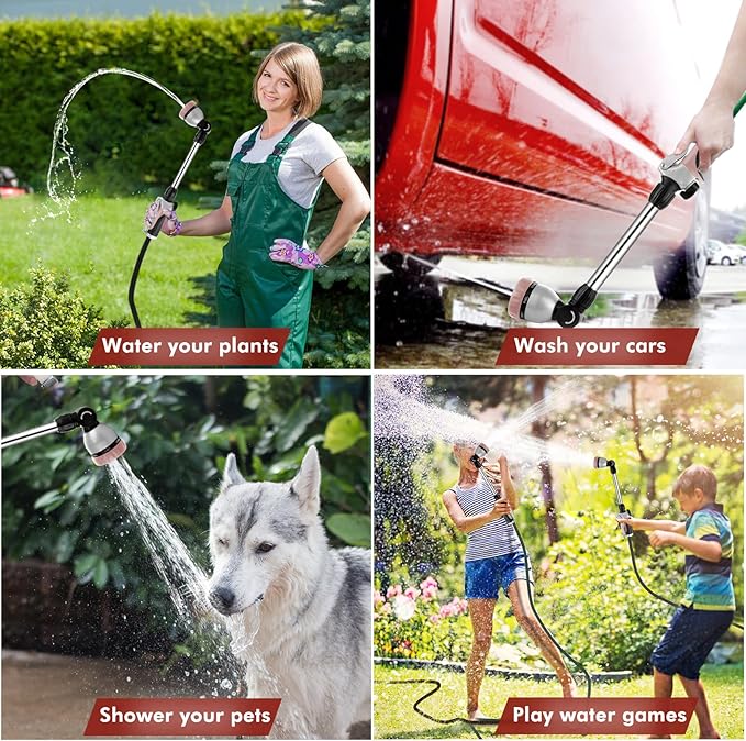 RESTMO Metal Watering Wand Heavy Duty Garden Hose Wand with 180° Swivel Head 16'' Hose Nozzle Sprayer with 7 Spray Patterns and Flow Control for Water Hanging Baskets and Shrubs Rose Gold