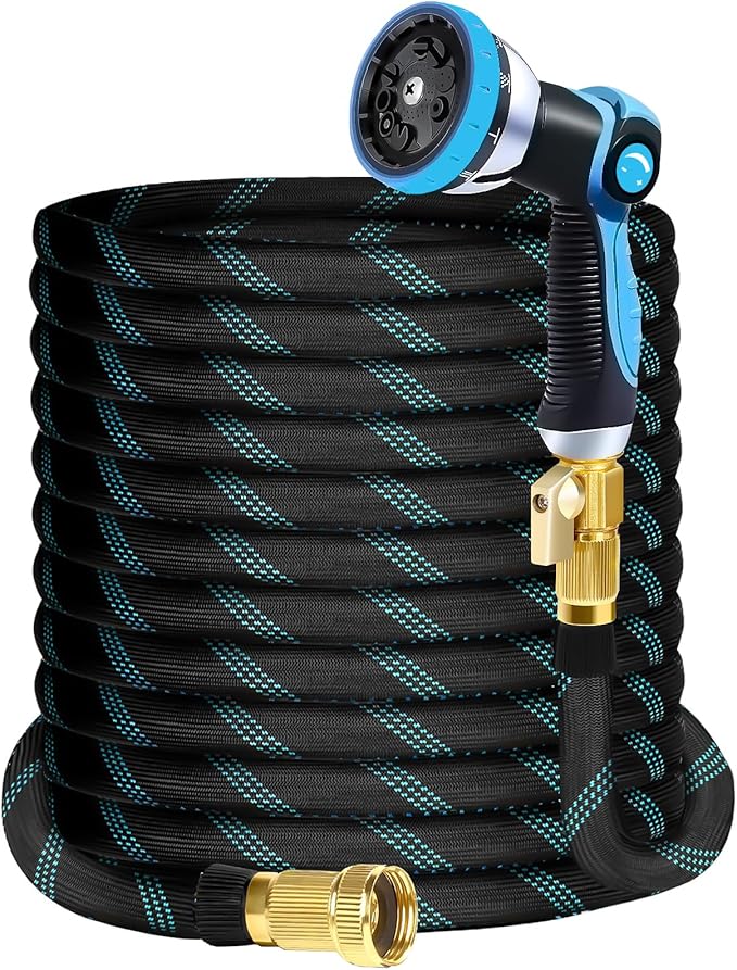 100Ft Non-Expandable Garden Hose with 10 Function Nozzles Flexible Lightweight Kink-Free Leak-Proof Sturdy Water Hose with Strong Brass Connector