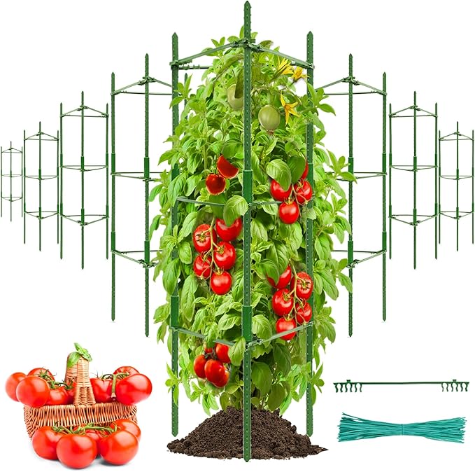 Halatool 8 Pack Tomato Cages for Garden Up to 48in(4FT) Adjustable Tomato CageGarden Stakes Tomato Trellis for Pots Green Tomato Plant Support with Snap-On Arms for Vegetables Plants(6 Buckles)