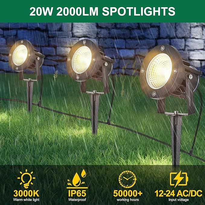 20W Low Voltage Landscape Lights LED Landscape Lighting with Connectors and Spike Stand 12V 24V Outdoor Spotlights Yard Garden Pathway Lights 2000LM Waterproof Warm White Light (9Pack)