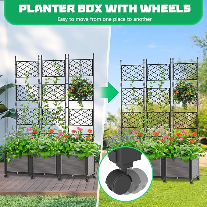 DoCred 63 H Raised Garden Bed Planter Box with Trellis Floorstanding Vertical Horticulture Planter Box Tomato Cage with Wheels for Vine Climbing Plants Flowers Herbs