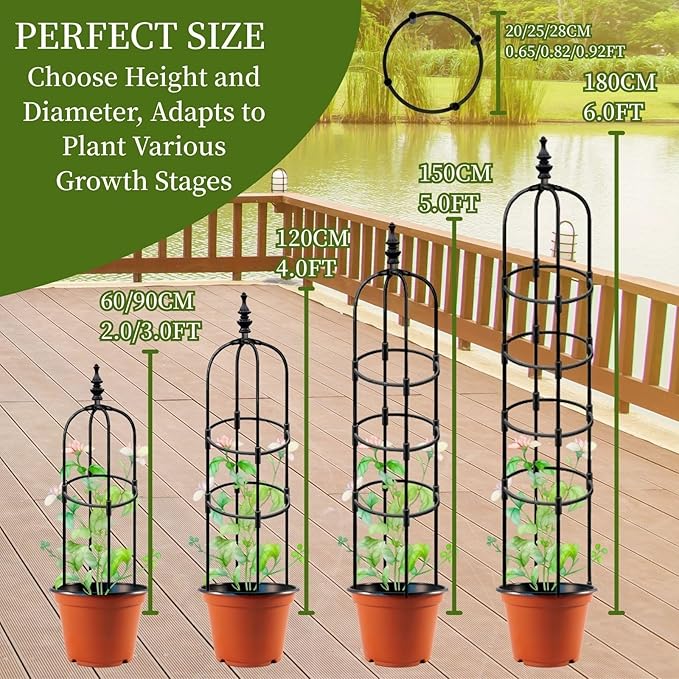 2 3 4 5 6ft Tall Garden Trellis for Climbing Plants Metal Obelisk Tower Support Outdoor Indoor for Sweet Pea Frame Rose Trellis Potted Plants Clematis Vegetables Pea Tomato Fruits(Black25 x 180cm/0.