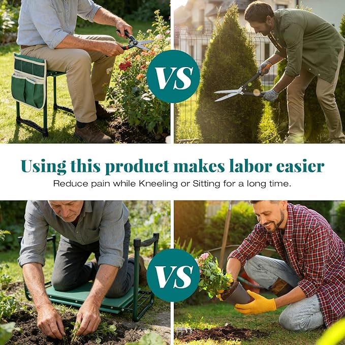 Heavy-Duty Garden Kneeler and Seat with Two Tool Bag Extra-Wide 11.02 Foldable Gardening Stool for Knee &amp Back Support | Non-Slip Portable Bench for Women Men Seniors Mom Dad