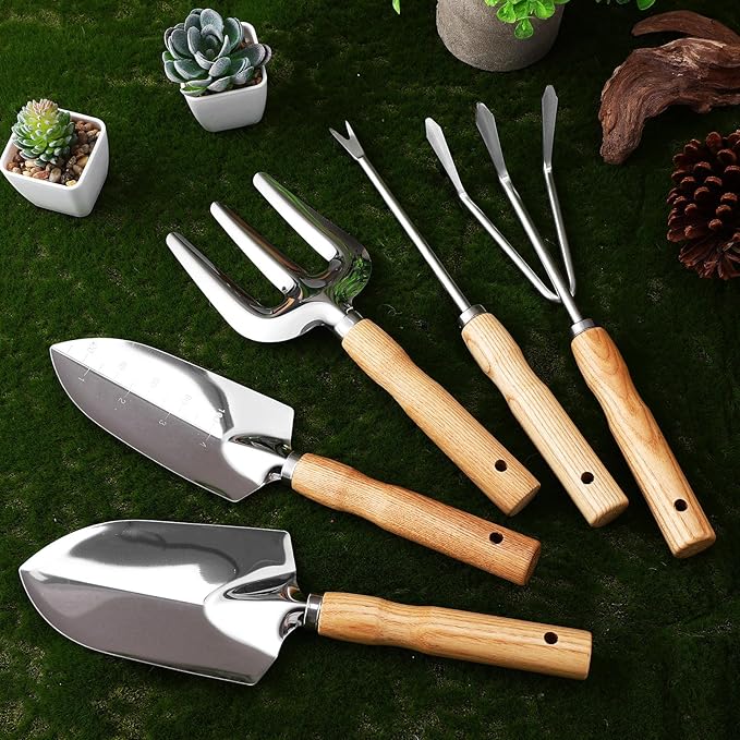 Garden Tool Set Trowel Gardening Tools Kit with Ash Wood Handle and 430 Stainless Steel Blades for Outdoor Yard Gardening Suitable for Women and Men
